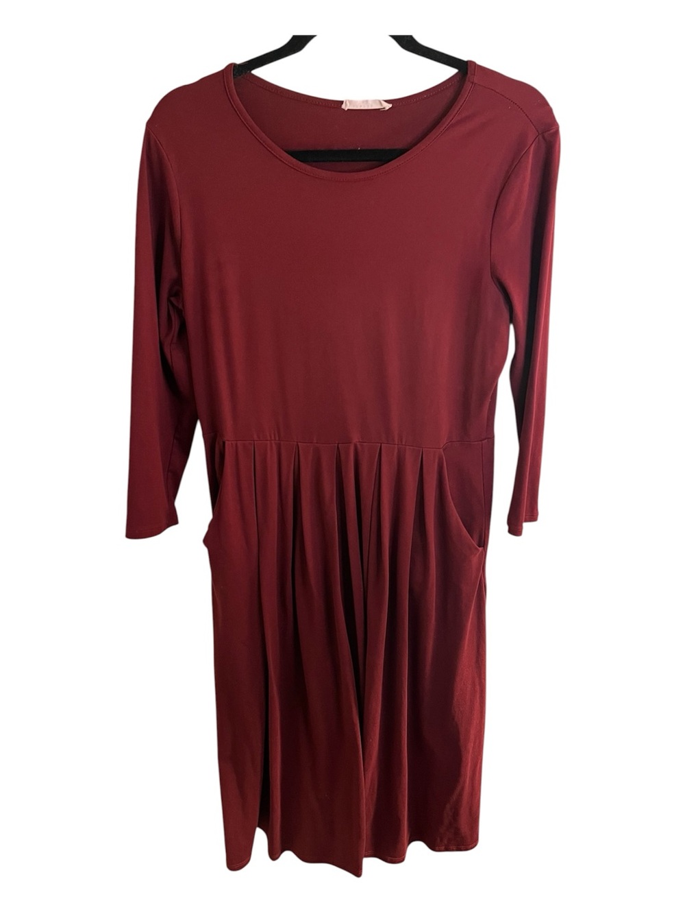 Reborn J Burgundy 3/4 Length-Sleeve Pleated Midi Pocket Dress